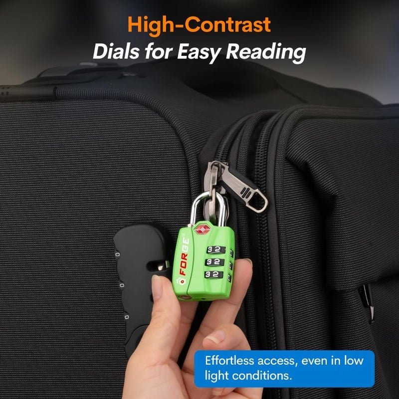 Forge TSA Luggage Combination Lock - Open Alert Indicator, Easy Read Dials, Alloy Body- Ideal for Travel, Lockers, Bags (Green 4PK) - Image 5